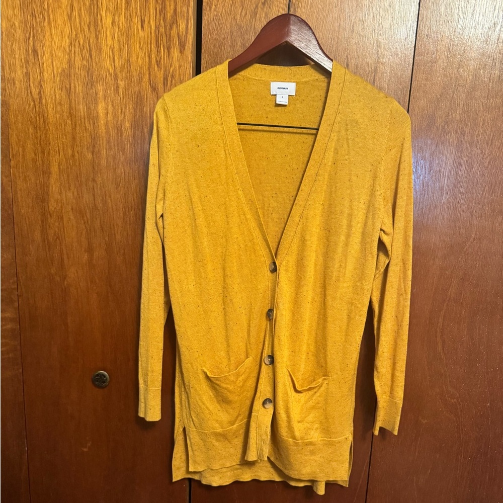 Old Navy Mustard Yellow Speckled Cardigan Sweater Long Button Up size Small